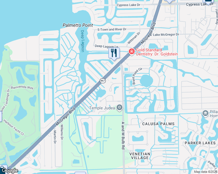 map of restaurants, bars, coffee shops, grocery stores, and more near 14161 Florida 867 in Fort Myers