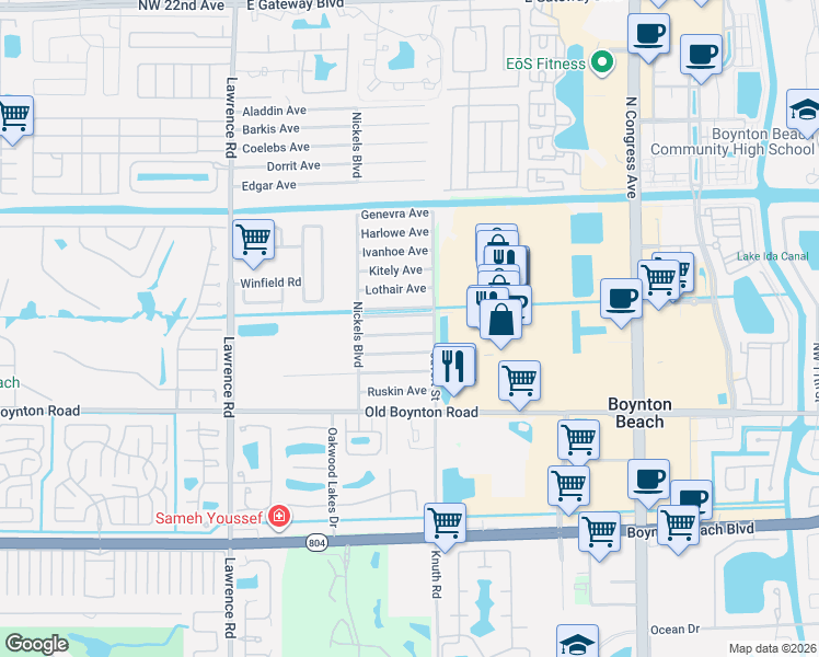map of restaurants, bars, coffee shops, grocery stores, and more near 3590 Noreen Avenue in Boynton Beach