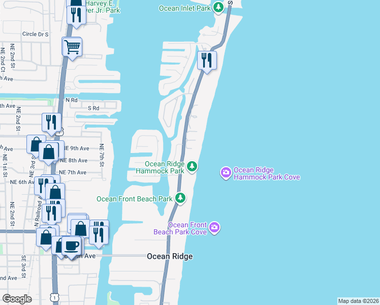 map of restaurants, bars, coffee shops, grocery stores, and more near 6711 North Ocean Boulevard in Boynton Beach