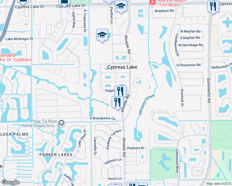 map of restaurants, bars, coffee shops, grocery stores, and more near 4 Edgewater Circle in Fort Myers