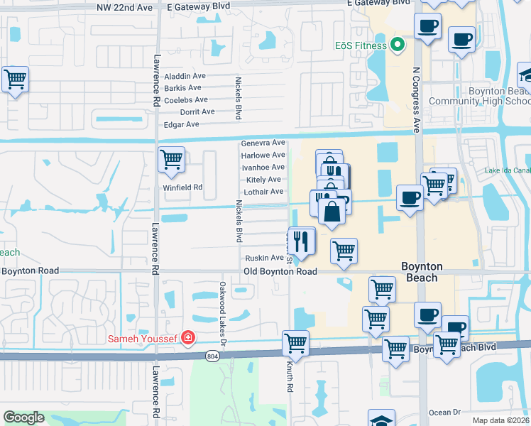 map of restaurants, bars, coffee shops, grocery stores, and more near 3590 Noreen Avenue in Boynton Beach
