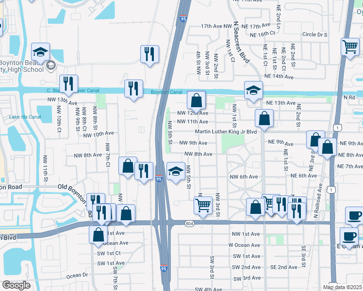 map of restaurants, bars, coffee shops, grocery stores, and more near 542 Northwest 9th Avenue in Boynton Beach