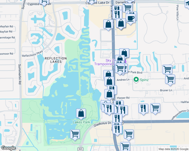 map of restaurants, bars, coffee shops, grocery stores, and more near 7119 Lakeridge View Court in Fort Myers