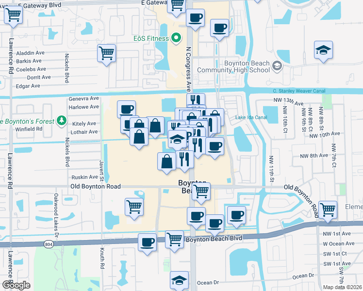 map of restaurants, bars, coffee shops, grocery stores, and more near 701 North Congress Avenue in Boynton Beach