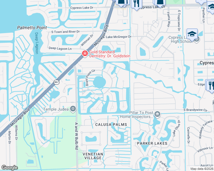 map of restaurants, bars, coffee shops, grocery stores, and more near 14081 Brant Point Circle in Fort Myers