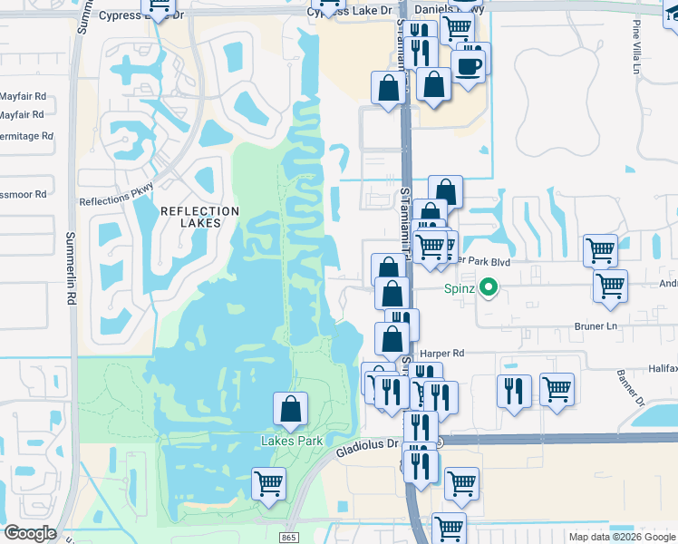 map of restaurants, bars, coffee shops, grocery stores, and more near 7215 Lakeridge Court in Fort Myers