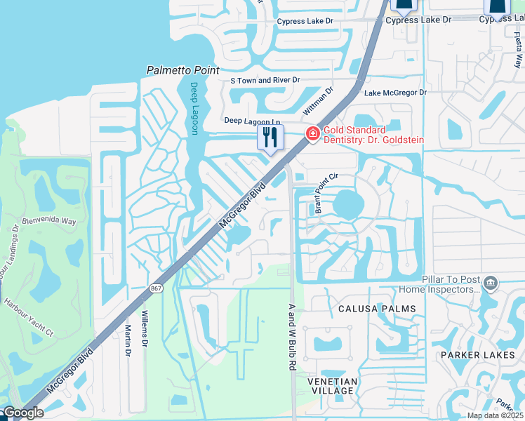 map of restaurants, bars, coffee shops, grocery stores, and more near 10050 Lake Cove Drive in Fort Myers