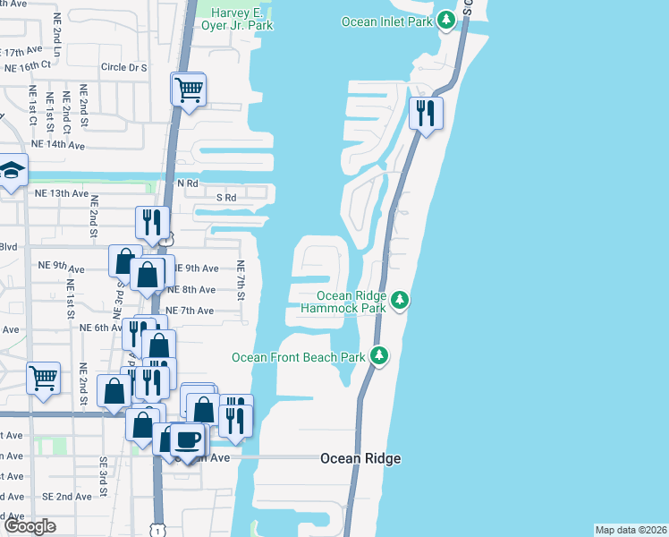map of restaurants, bars, coffee shops, grocery stores, and more near 63 Spanish River Drive in Boynton Beach