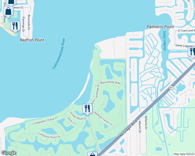 map of restaurants, bars, coffee shops, grocery stores, and more near 14326 Harbour Landings Drive in Fort Myers