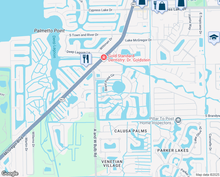 map of restaurants, bars, coffee shops, grocery stores, and more near 14121 Brant Point Circle in Fort Myers