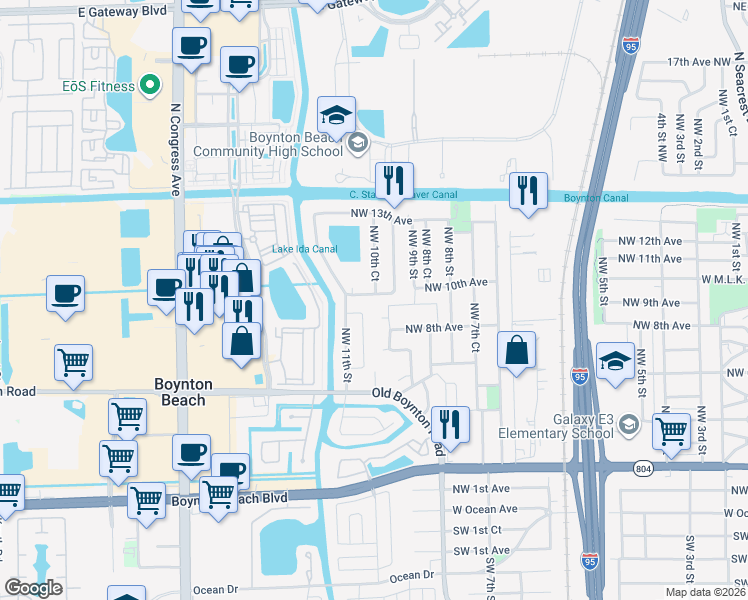 map of restaurants, bars, coffee shops, grocery stores, and more near 838 Northwest 9th Way in Boynton Beach