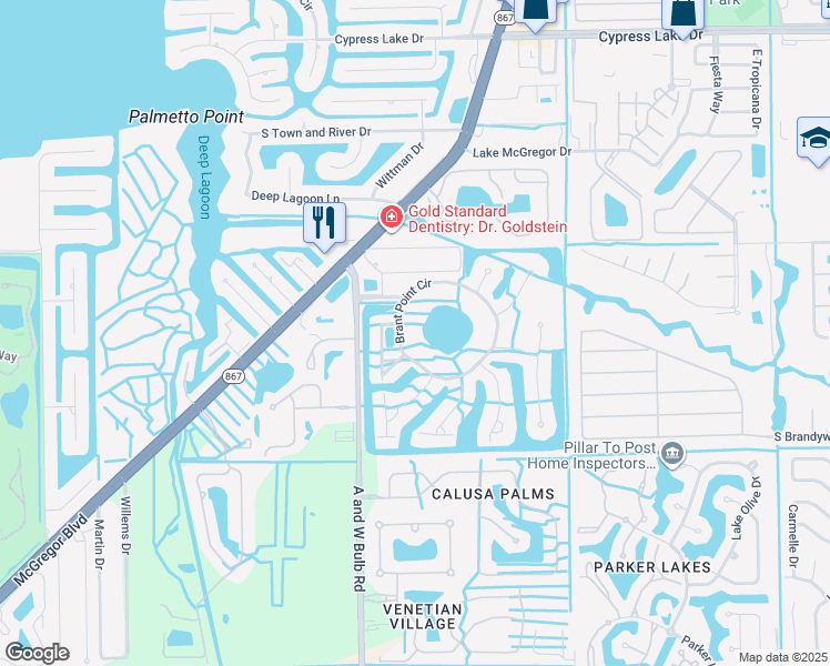 map of restaurants, bars, coffee shops, grocery stores, and more near 14121 Brant Point Circle in Fort Myers