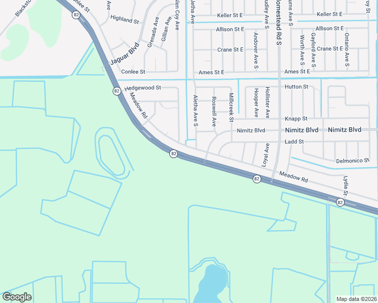 map of restaurants, bars, coffee shops, grocery stores, and more near 2552 Meadow Road in Lehigh Acres