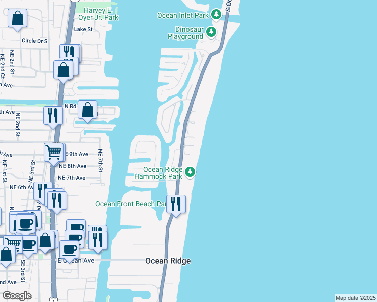 map of restaurants, bars, coffee shops, grocery stores, and more near 6711 North Ocean Boulevard in Boynton Beach