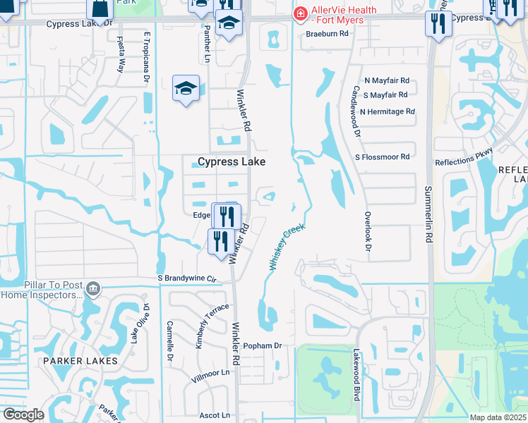map of restaurants, bars, coffee shops, grocery stores, and more near 14201 Patty Berg Drive in Fort Myers