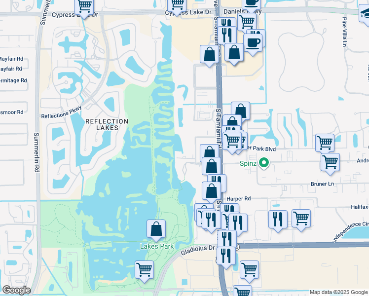 map of restaurants, bars, coffee shops, grocery stores, and more near 7215 Lakeridge Court in Fort Myers