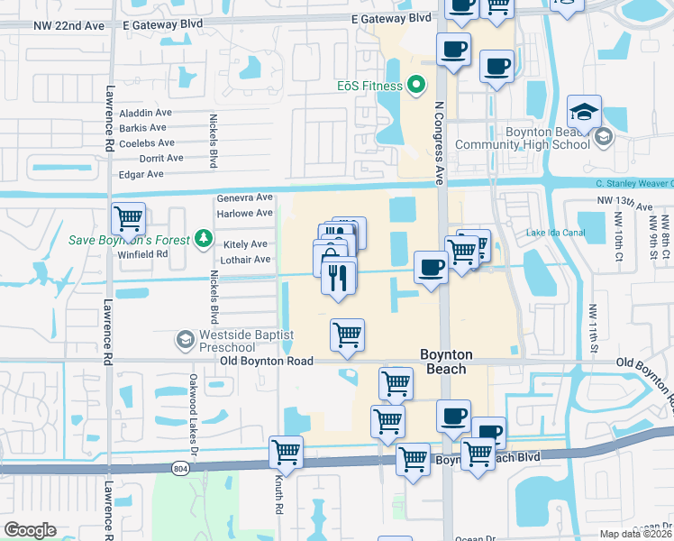 map of restaurants, bars, coffee shops, grocery stores, and more near 801 North Congress Avenue in Boynton Beach