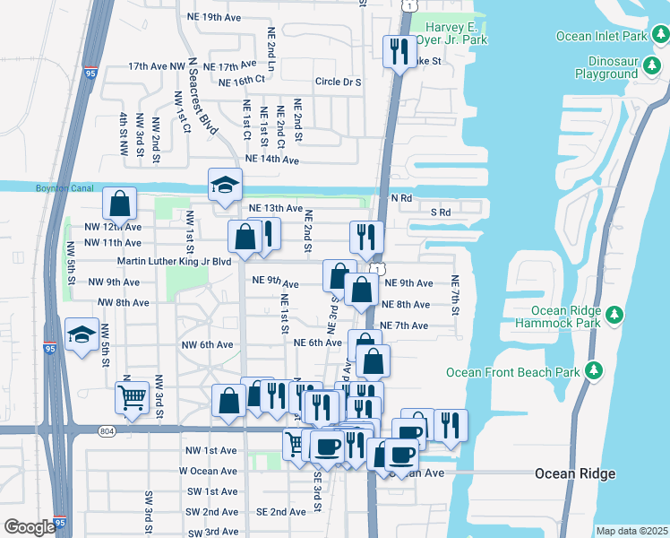 map of restaurants, bars, coffee shops, grocery stores, and more near 339 Northeast 10th Avenue in Boynton Beach