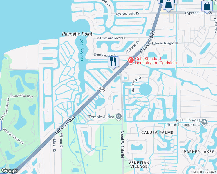 map of restaurants, bars, coffee shops, grocery stores, and more near 138 Placid Drive in Fort Myers