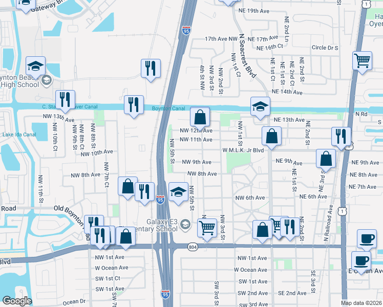 map of restaurants, bars, coffee shops, grocery stores, and more near 522 Northwest 10th Avenue in Boynton Beach