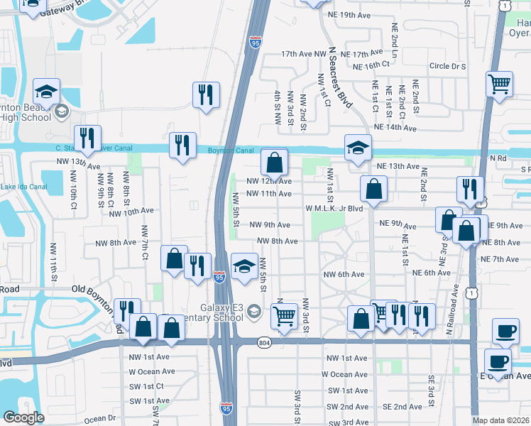 map of restaurants, bars, coffee shops, grocery stores, and more near 1032 Northwest 4th Street in Boynton Beach