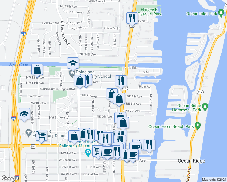 map of restaurants, bars, coffee shops, grocery stores, and more near 408 Martin Luther King Junior Boulevard in Boynton Beach