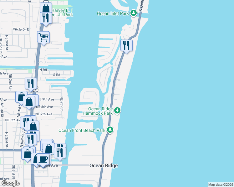 map of restaurants, bars, coffee shops, grocery stores, and more near 6711 North Ocean Boulevard in Boynton Beach