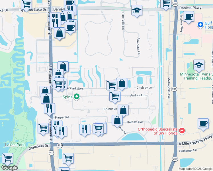 map of restaurants, bars, coffee shops, grocery stores, and more near 5501 Cheshire Drive in Fort Myers