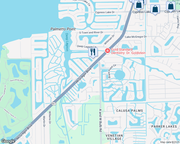 map of restaurants, bars, coffee shops, grocery stores, and more near 10022 Oxfordshire Lane in Fort Myers