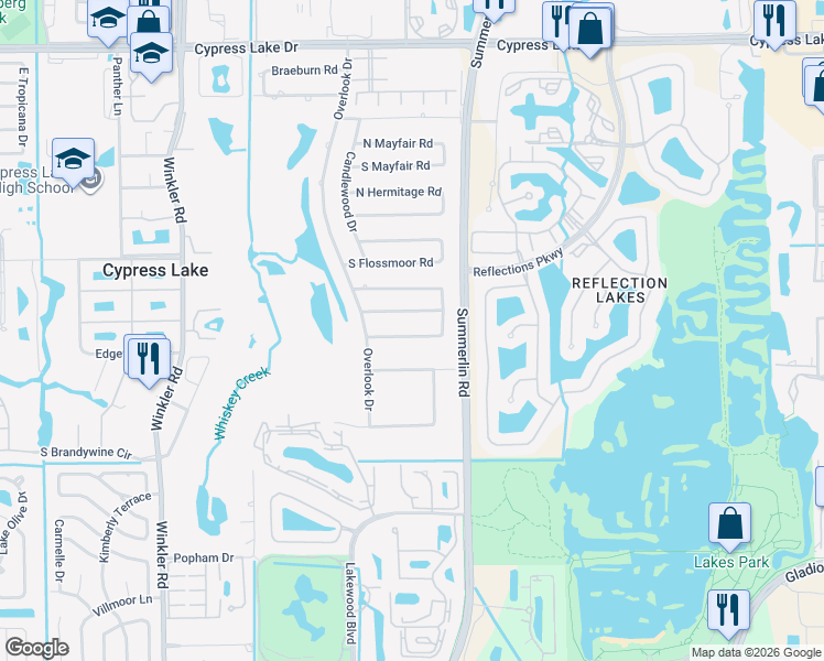 map of restaurants, bars, coffee shops, grocery stores, and more near 1650 Long Meadow Road in Fort Myers