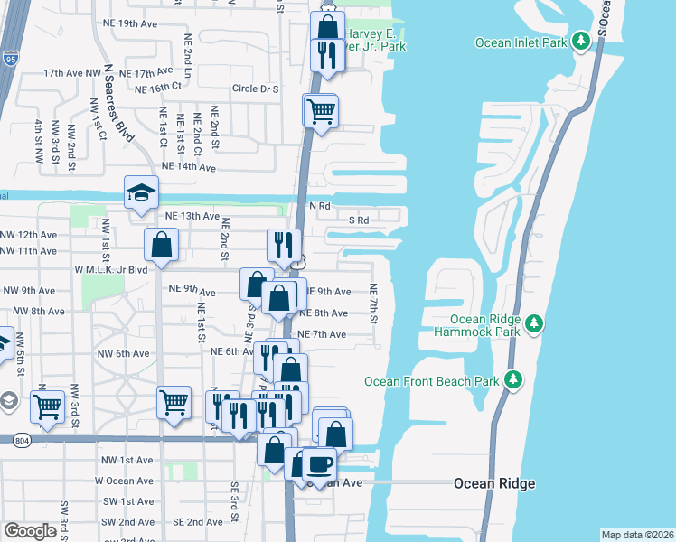map of restaurants, bars, coffee shops, grocery stores, and more near 702 Northeast 10th Avenue in Boynton Beach