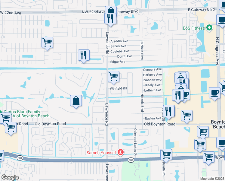 map of restaurants, bars, coffee shops, grocery stores, and more near 3967 Winfield Road in Boynton Beach