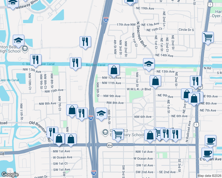 map of restaurants, bars, coffee shops, grocery stores, and more near 1032 Northwest 4th Street in Boynton Beach