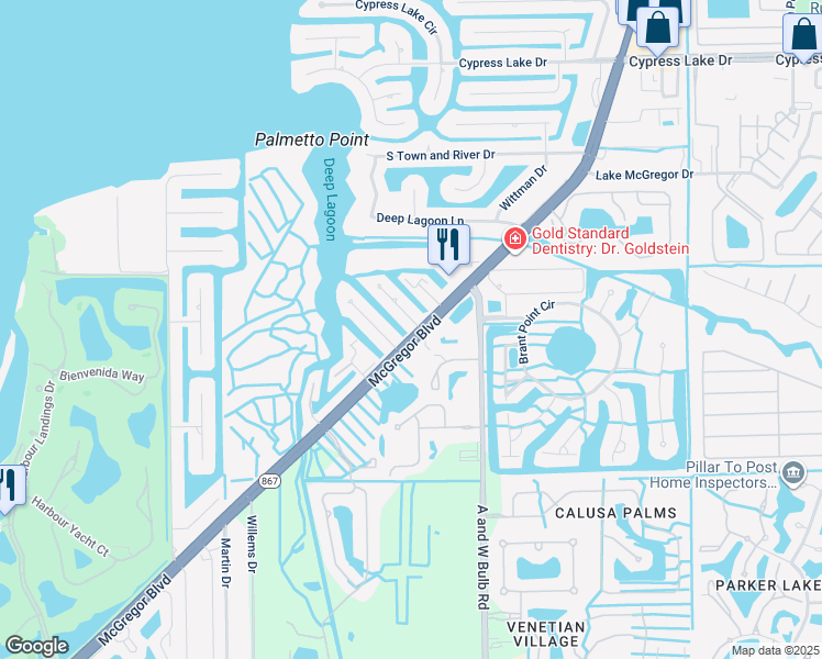 map of restaurants, bars, coffee shops, grocery stores, and more near 138 Placid Drive in Fort Myers