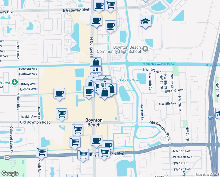 map of restaurants, bars, coffee shops, grocery stores, and more near 900 North Congress Avenue in Boynton Beach