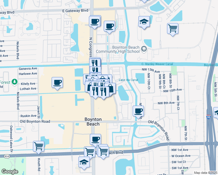 map of restaurants, bars, coffee shops, grocery stores, and more near 900 North Congress Avenue in Boynton Beach