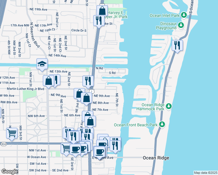 map of restaurants, bars, coffee shops, grocery stores, and more near 720 Rider Road in Boynton Beach