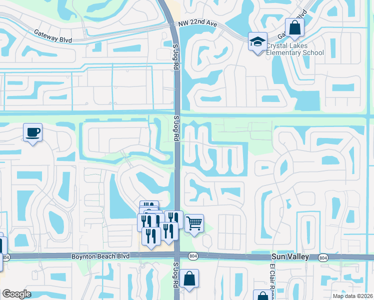map of restaurants, bars, coffee shops, grocery stores, and more near 9345 Water Course Way in Boynton Beach