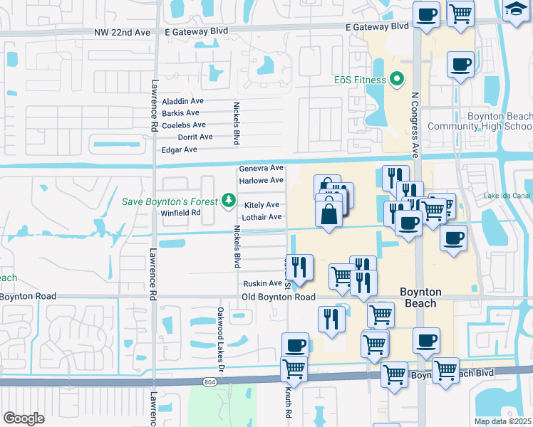 map of restaurants, bars, coffee shops, grocery stores, and more near 3577 Lothair Avenue in Boynton Beach