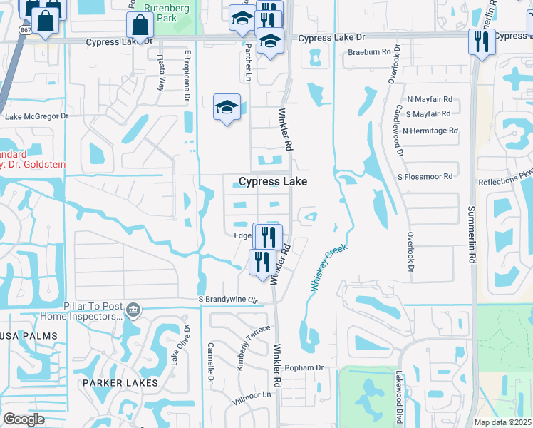 map of restaurants, bars, coffee shops, grocery stores, and more near 1527 Palm Woode Drive in Fort Myers