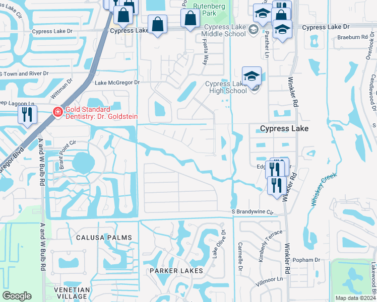 map of restaurants, bars, coffee shops, grocery stores, and more near 1330 Myerlee Country Club Boulevard in Fort Myers