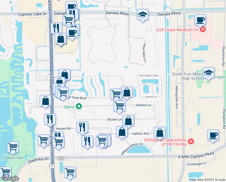 map of restaurants, bars, coffee shops, grocery stores, and more near 5501 Cheshire Drive in Fort Myers