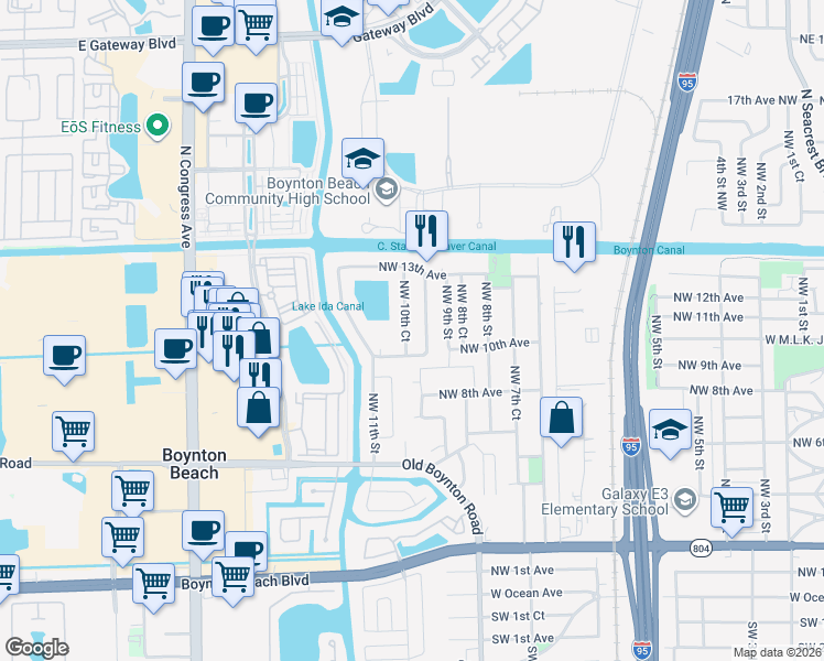 map of restaurants, bars, coffee shops, grocery stores, and more near 1002 Northwest 10th Court in Boynton Beach