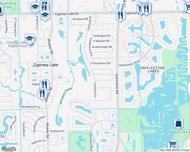 map of restaurants, bars, coffee shops, grocery stores, and more near 1608 Long Meadow Road in Fort Myers