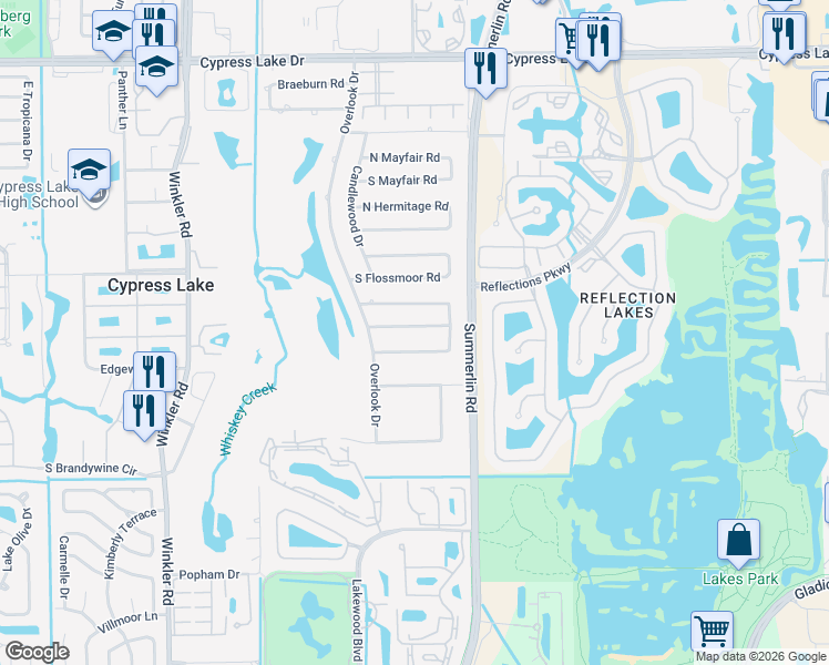 map of restaurants, bars, coffee shops, grocery stores, and more near 1650 Long Meadow Road in Fort Myers