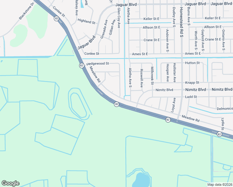 map of restaurants, bars, coffee shops, grocery stores, and more near 2523 Meadow Road in Lehigh Acres