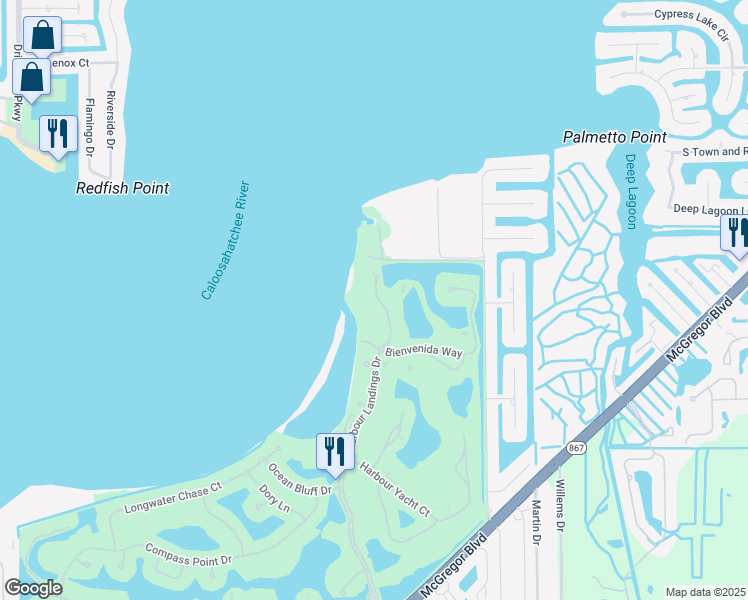 map of restaurants, bars, coffee shops, grocery stores, and more near 14220 Royal Harbour Court in Fort Myers