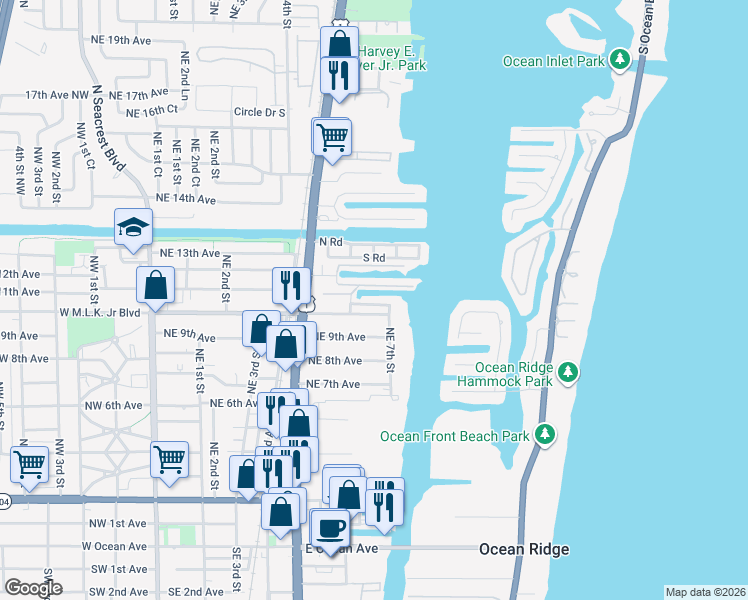 map of restaurants, bars, coffee shops, grocery stores, and more near 720 Rider Road in Boynton Beach
