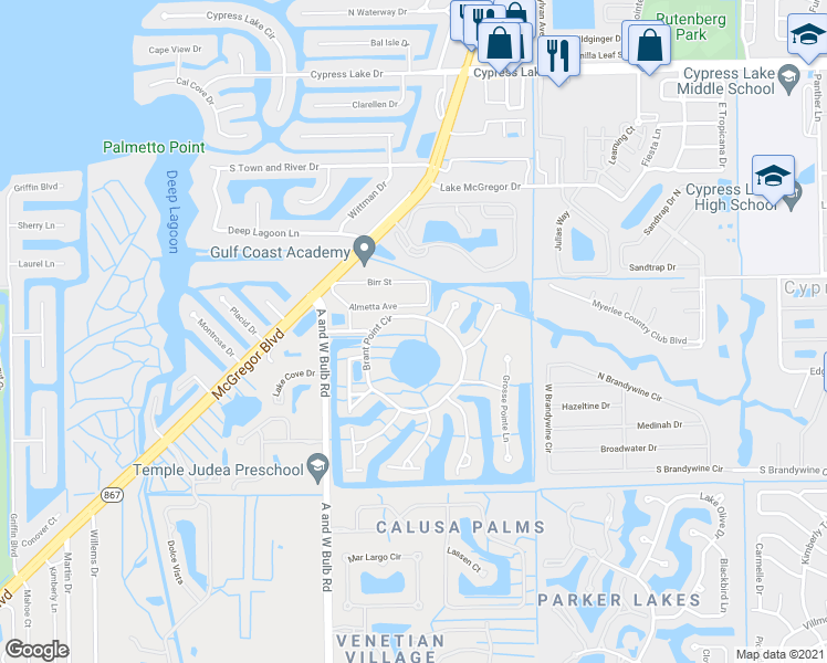 map of restaurants, bars, coffee shops, grocery stores, and more near 14051 Brant Point Circle in Fort Myers