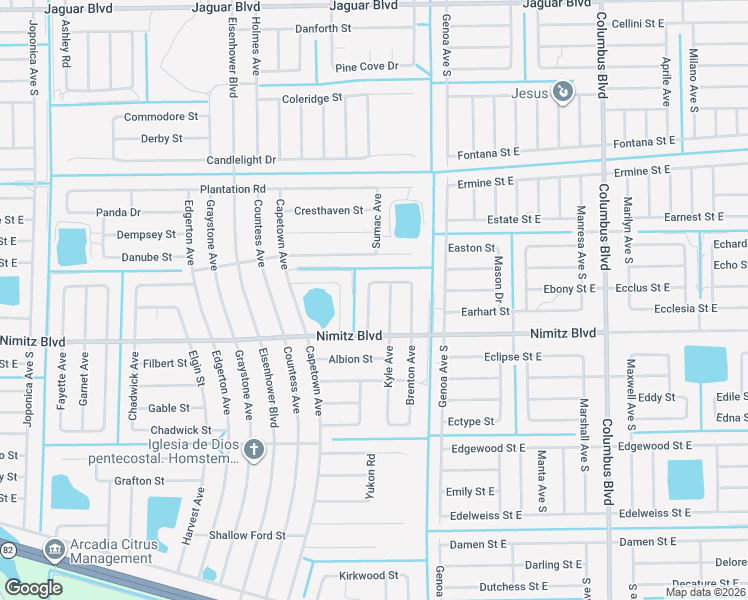 map of restaurants, bars, coffee shops, grocery stores, and more near 1038 Dearborn Street in Lehigh Acres